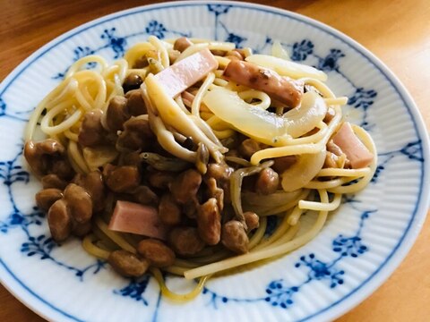 しらすと魚ニソ、玉ねぎの納豆パスタ